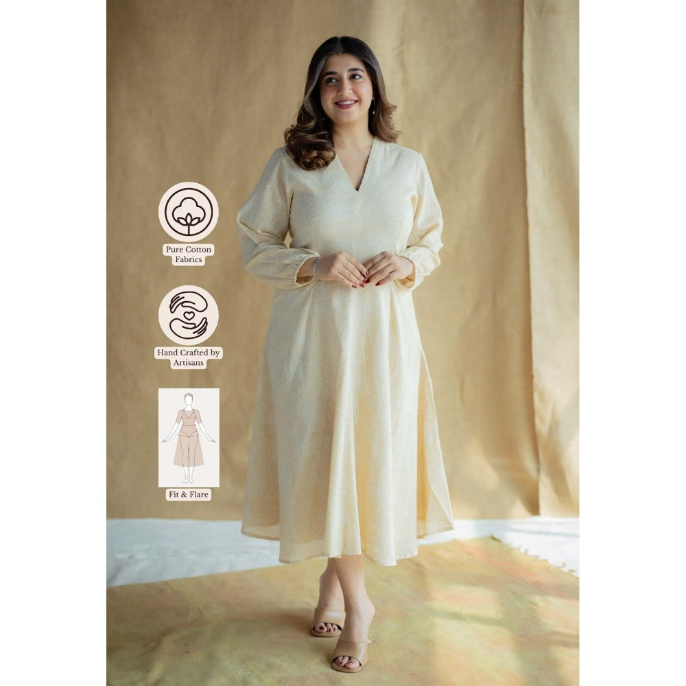 The Indian Ethnic Co. Cream A-Line Printed Slub Cotton Embroidered Dress