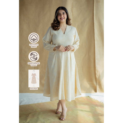 The Indian Ethnic Co. Cream A-Line Printed Slub Cotton Embroidered Dress
