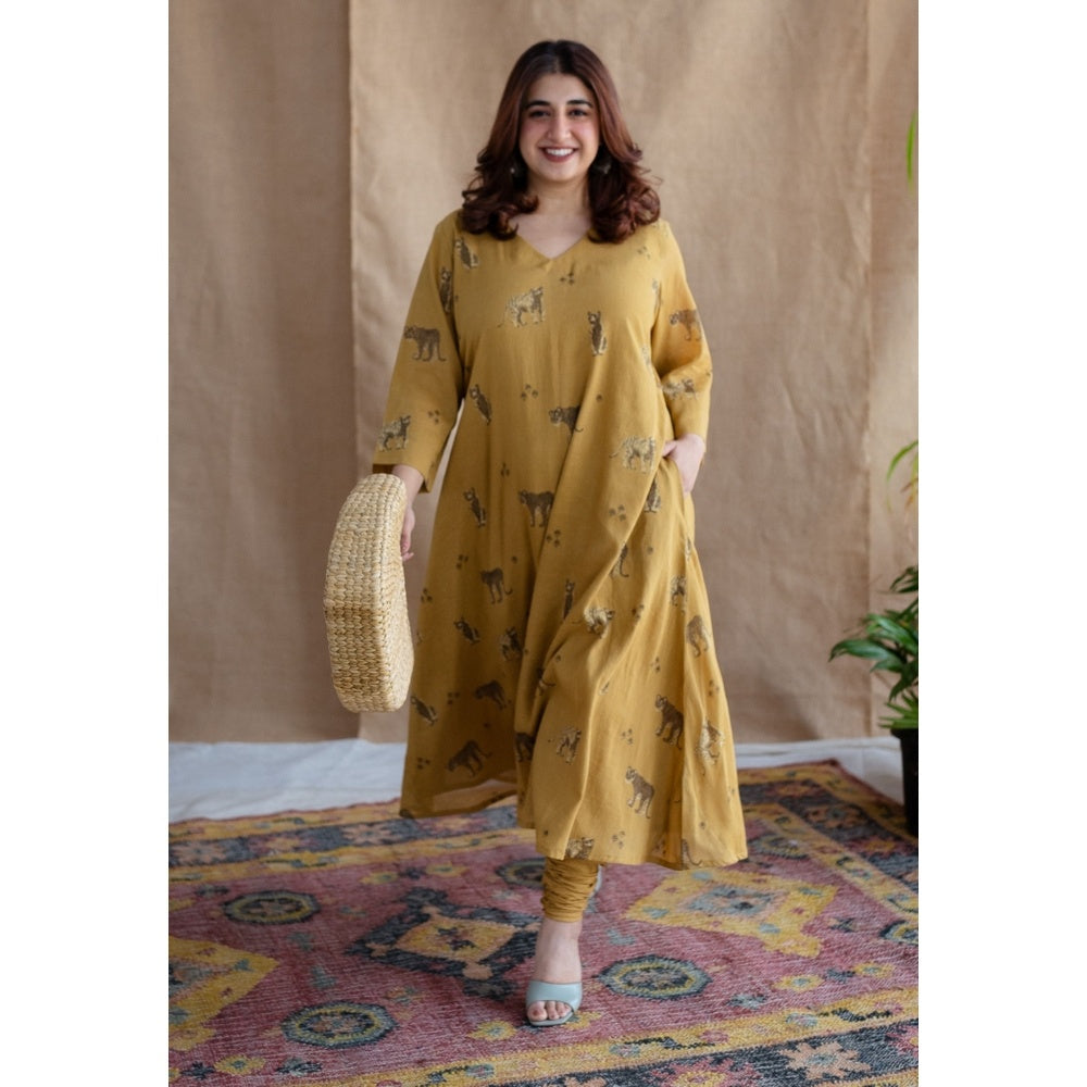 The Indian Ethnic Co. Mustard A-Line Ajrakh Print Mul Cotton Kurta with Lining (Set of 2)