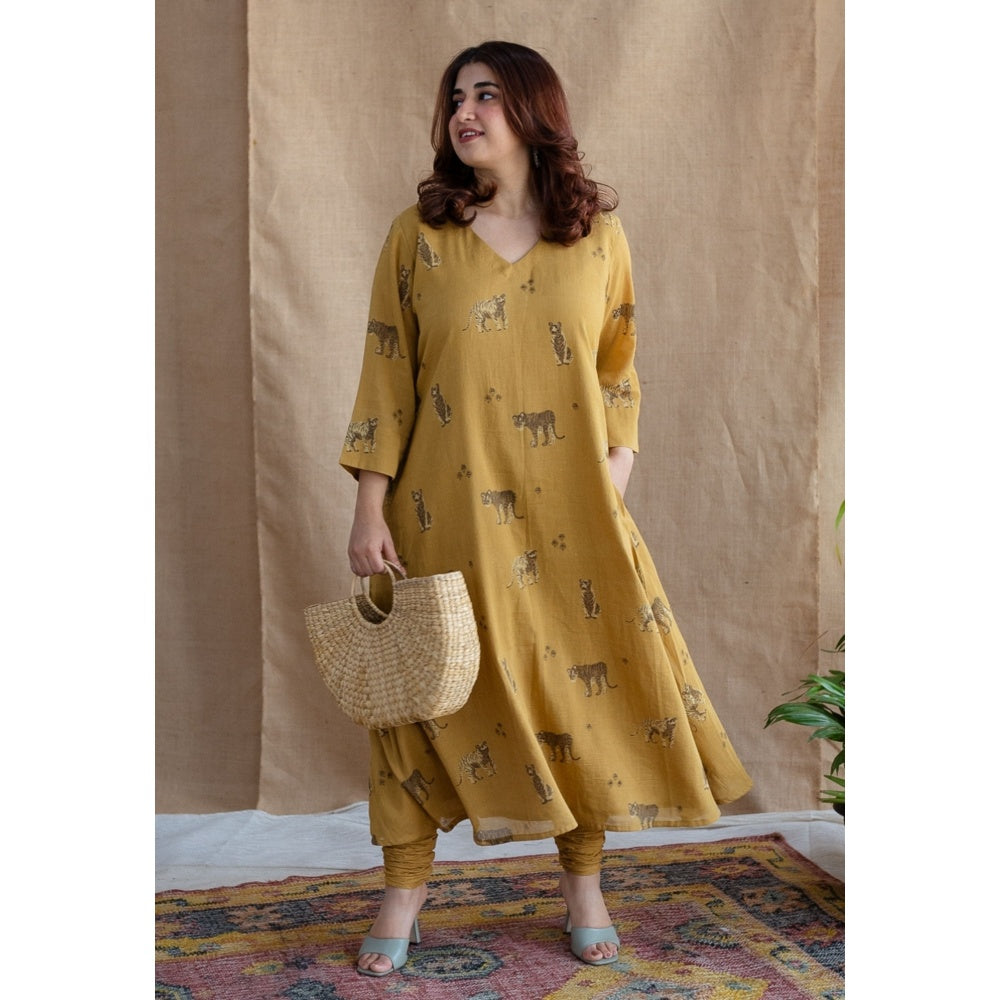 The Indian Ethnic Co. Mustard A-Line Ajrakh Print Mul Cotton Kurta with Lining (Set of 2)
