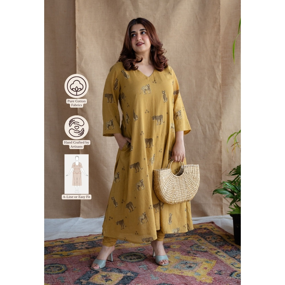 The Indian Ethnic Co. Mustard A-Line Ajrakh Print Mul Cotton Kurta with Lining (Set of 2)