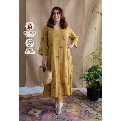 The Indian Ethnic Co. Mustard A-Line Ajrakh Print Mul Cotton Kurta with Lining (Set of 2)