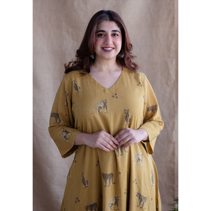 The Indian Ethnic Co. Mustard A-Line Ajrakh Print Mul Cotton Kurta with Lining (Set of 2)