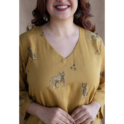 The Indian Ethnic Co. Mustard A-Line Ajrakh Print Mul Cotton Kurta with Lining (Set of 2)