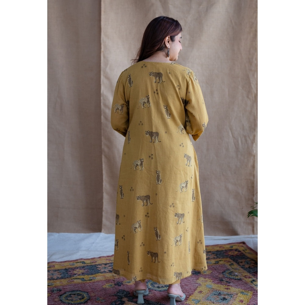 The Indian Ethnic Co. Mustard A-Line Ajrakh Print Mul Cotton Kurta with Lining (Set of 2)