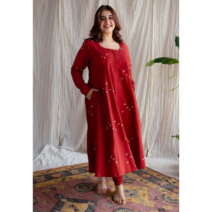 The Indian Ethnic Co. Red A-Line Ajrakh Print Cotton Kurta