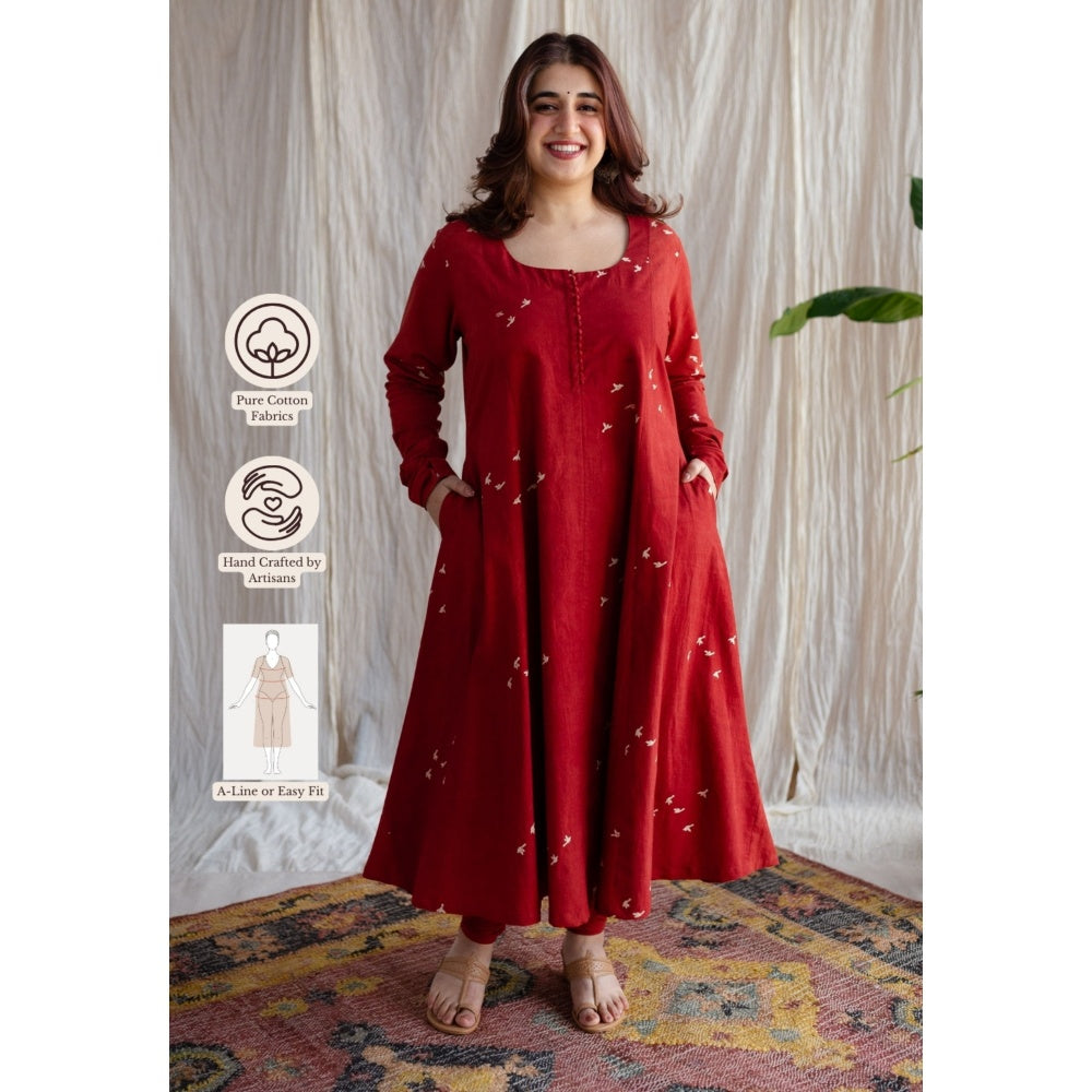 The Indian Ethnic Co. Red A-Line Ajrakh Print Cotton Kurta