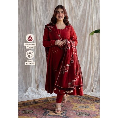 The Indian Ethnic Co. Red A-Line Ajrakh Print Cotton Kurta