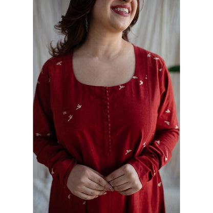 The Indian Ethnic Co. Red A-Line Ajrakh Print Cotton Kurta