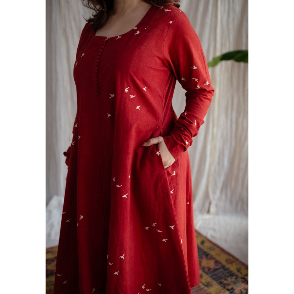 The Indian Ethnic Co. Red A-Line Ajrakh Print Cotton Kurta