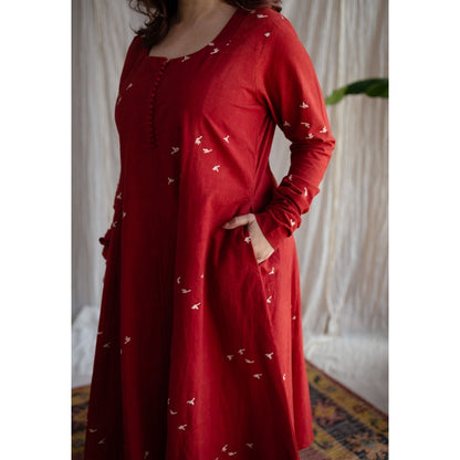 The Indian Ethnic Co. Red A-Line Ajrakh Print Cotton Kurta