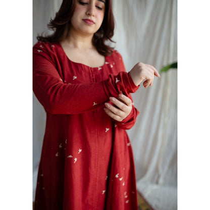 The Indian Ethnic Co. Red A-Line Ajrakh Print Cotton Kurta