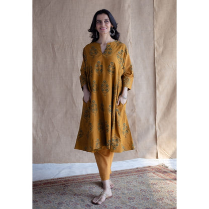 The Indian Ethnic Co. Mustard Loose Ajrakh Hand Embroidery Cotton Kurta