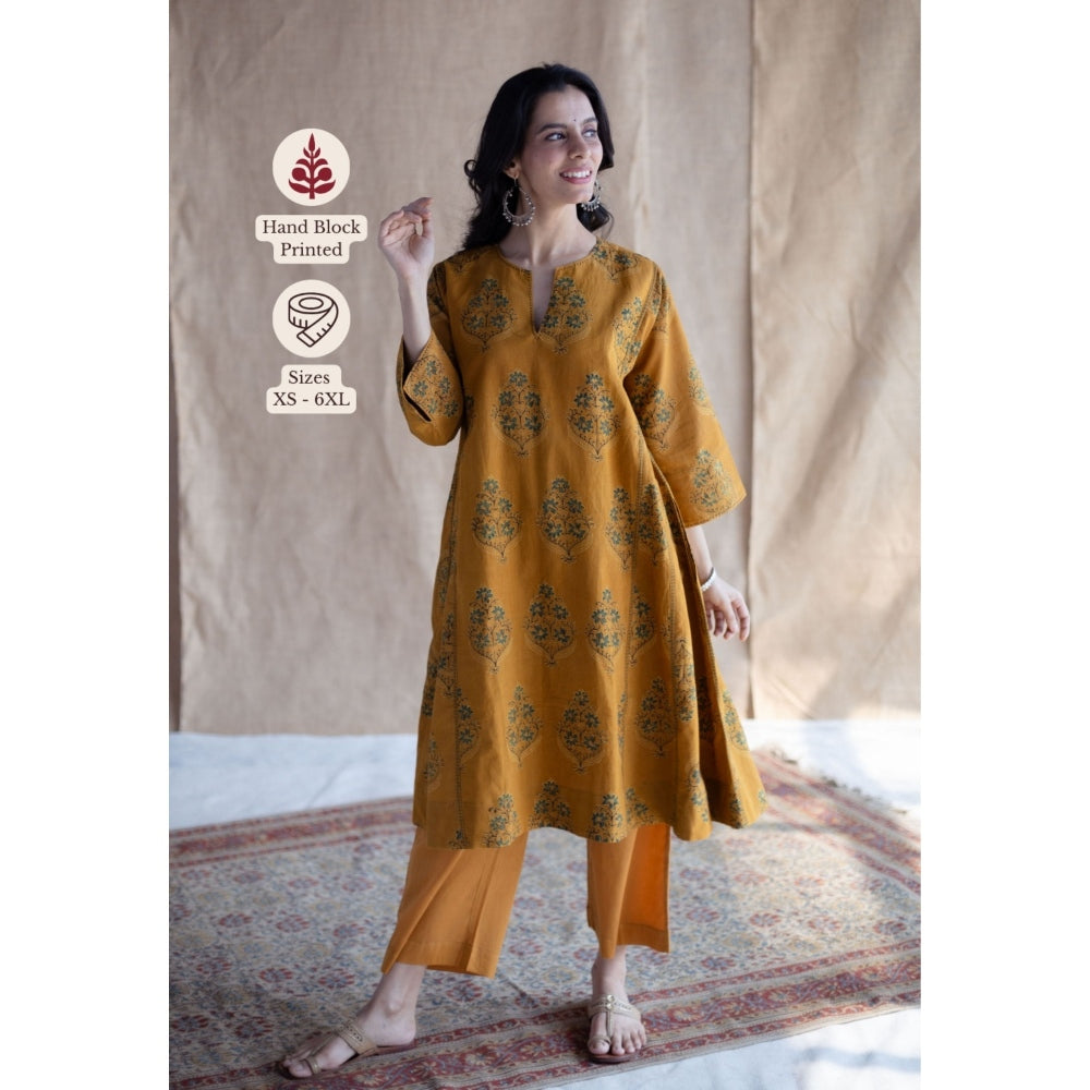 The Indian Ethnic Co. Mustard Loose Ajrakh Hand Embroidery Cotton Kurta