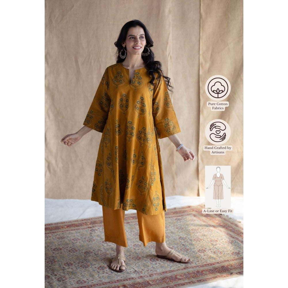 The Indian Ethnic Co. Mustard Loose Ajrakh Hand Embroidery Cotton Kurta
