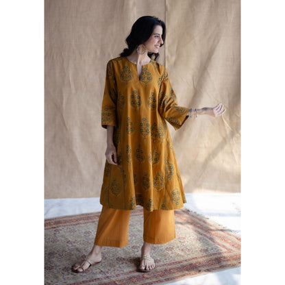 The Indian Ethnic Co. Mustard Loose Ajrakh Hand Embroidery Cotton Kurta
