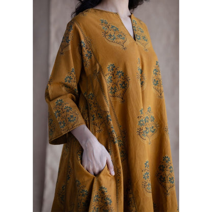 The Indian Ethnic Co. Mustard Loose Ajrakh Hand Embroidery Cotton Kurta