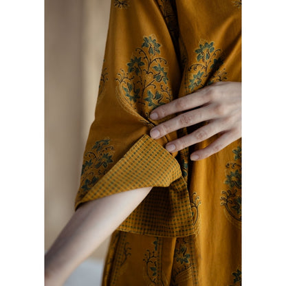 The Indian Ethnic Co. Mustard Loose Ajrakh Hand Embroidery Cotton Kurta
