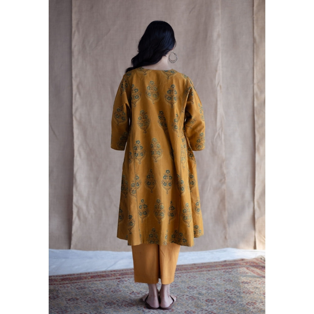The Indian Ethnic Co. Mustard Loose Ajrakh Hand Embroidery Cotton Kurta