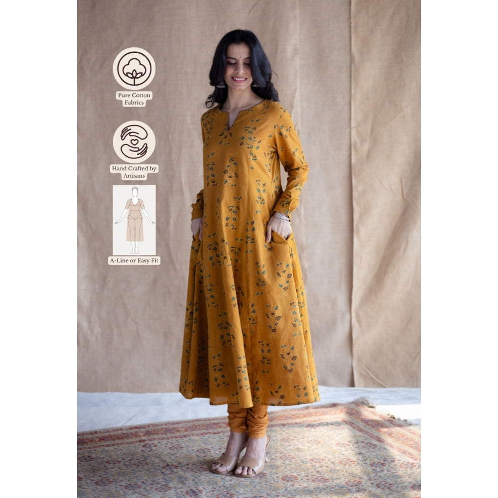 The Indian Ethnic Co. Mustard Loose Ajrakh Hand block Printed Cotton Embroidered Kurta