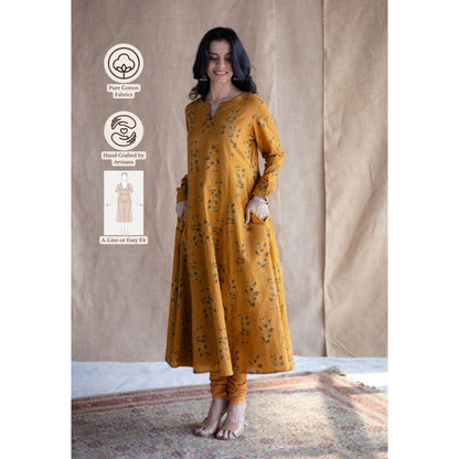 The Indian Ethnic Co. Mustard Loose Ajrakh Hand block Printed Cotton Embroidered Kurta