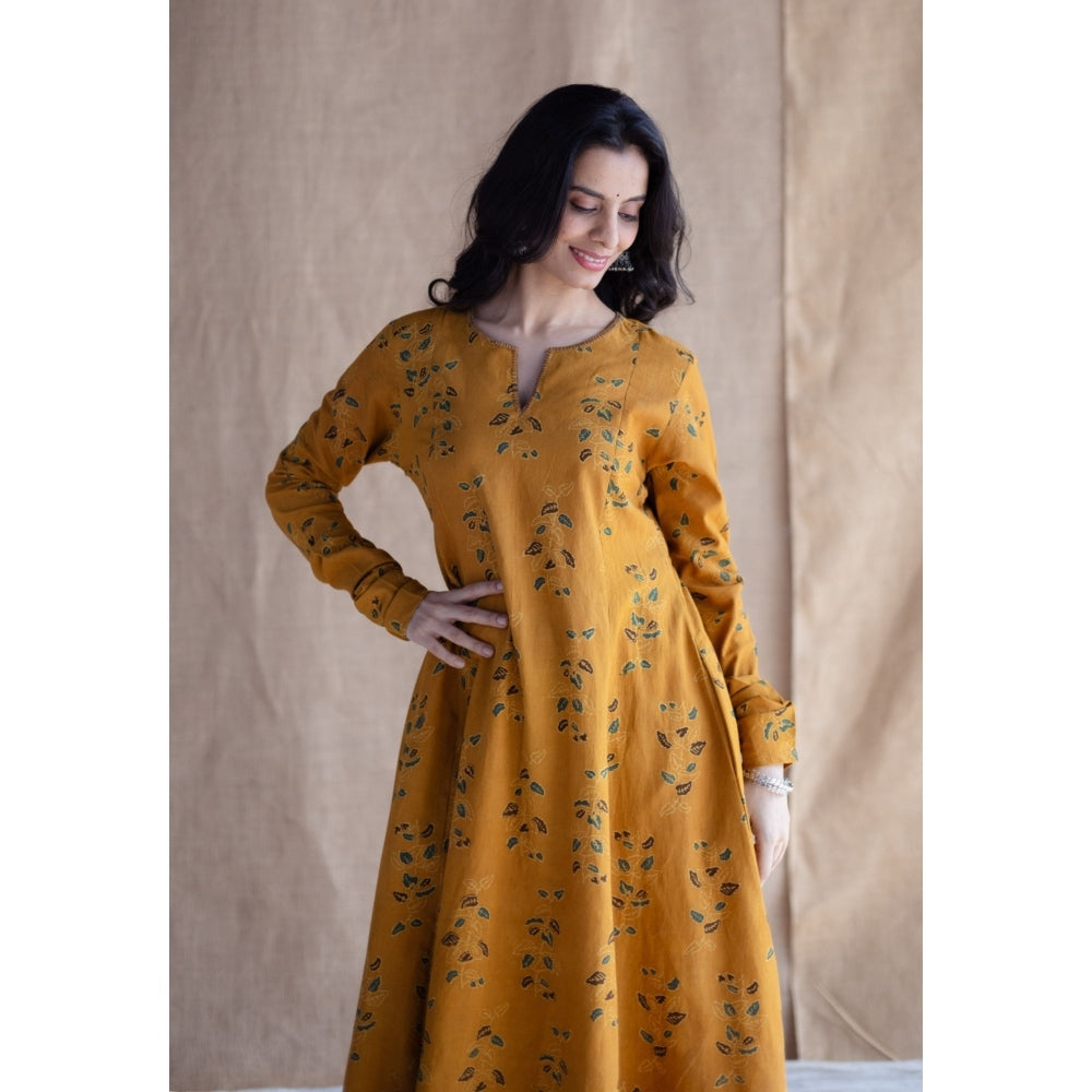 The Indian Ethnic Co. Mustard Loose Ajrakh Hand block Printed Cotton Embroidered Kurta
