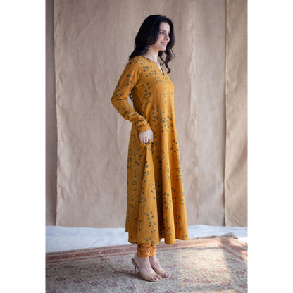 The Indian Ethnic Co. Mustard Loose Ajrakh Hand block Printed Cotton Embroidered Kurta
