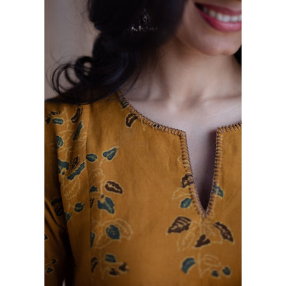 The Indian Ethnic Co. Mustard Loose Ajrakh Hand block Printed Cotton Embroidered Kurta