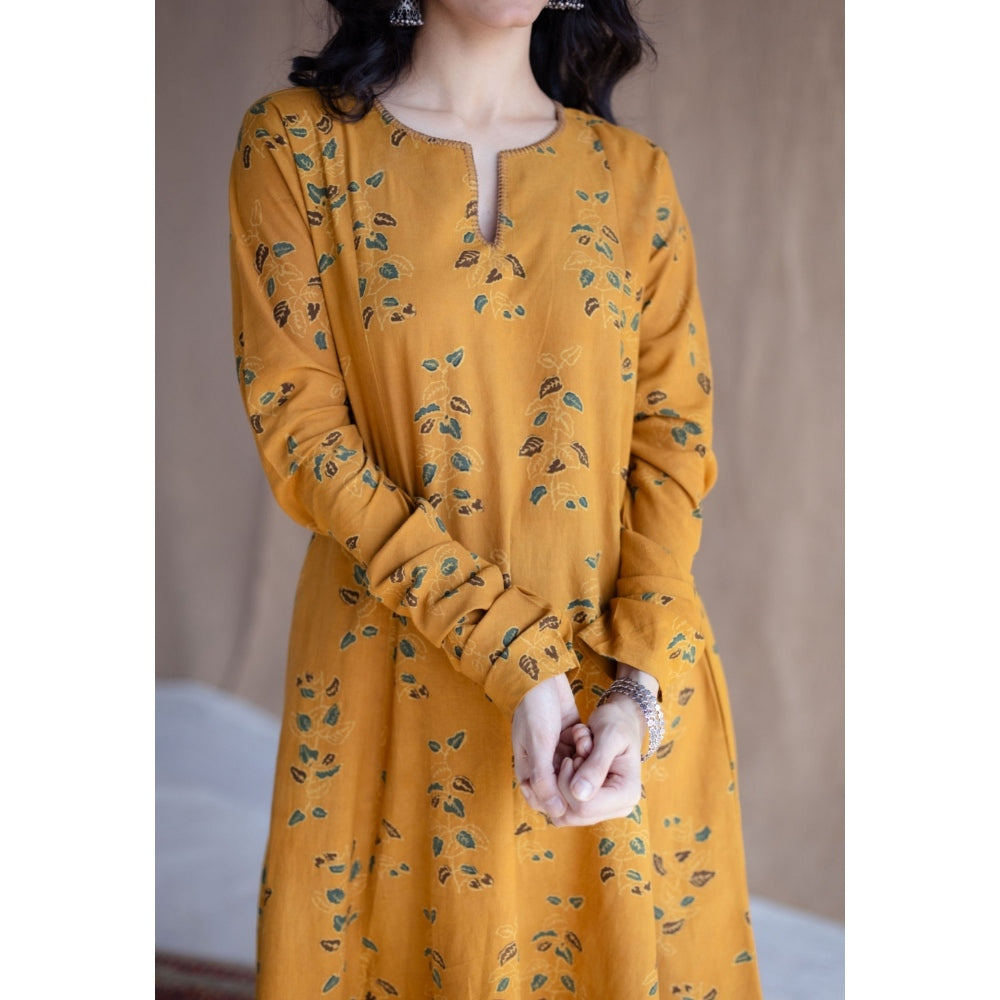 The Indian Ethnic Co. Mustard Loose Ajrakh Hand block Printed Cotton Embroidered Kurta