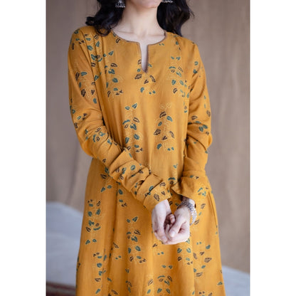 The Indian Ethnic Co. Mustard Loose Ajrakh Hand block Printed Cotton Embroidered Kurta