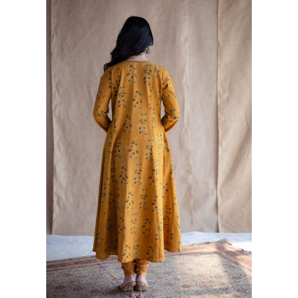 The Indian Ethnic Co. Mustard Loose Ajrakh Hand block Printed Cotton Embroidered Kurta