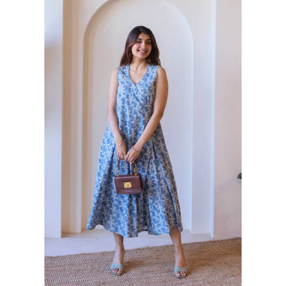 The Indian Ethnic Co. Saranashi Blue Ajrkh Cotton Wrap Around Dress
