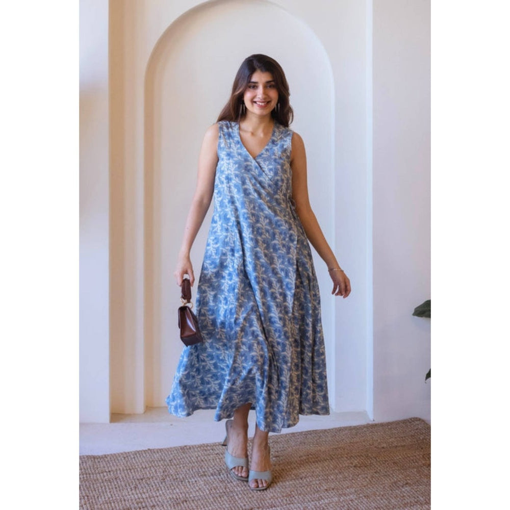 The Indian Ethnic Co. Saranashi Blue Ajrkh Cotton Wrap Around Dress