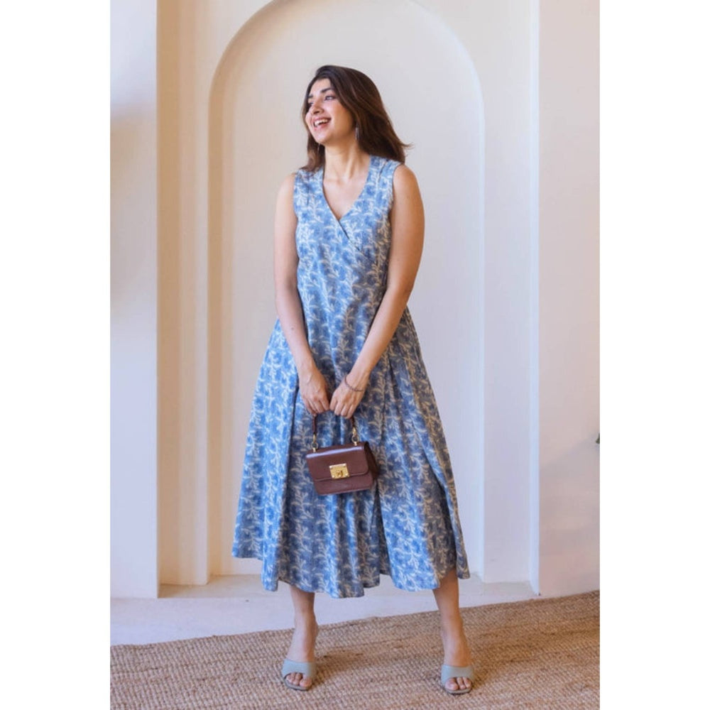 The Indian Ethnic Co. Saranashi Blue Ajrkh Cotton Wrap Around Dress