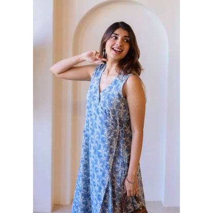 The Indian Ethnic Co. Saranashi Blue Ajrkh Cotton Wrap Around Dress