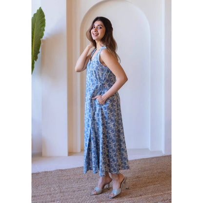 The Indian Ethnic Co. Saranashi Blue Ajrkh Cotton Wrap Around Dress