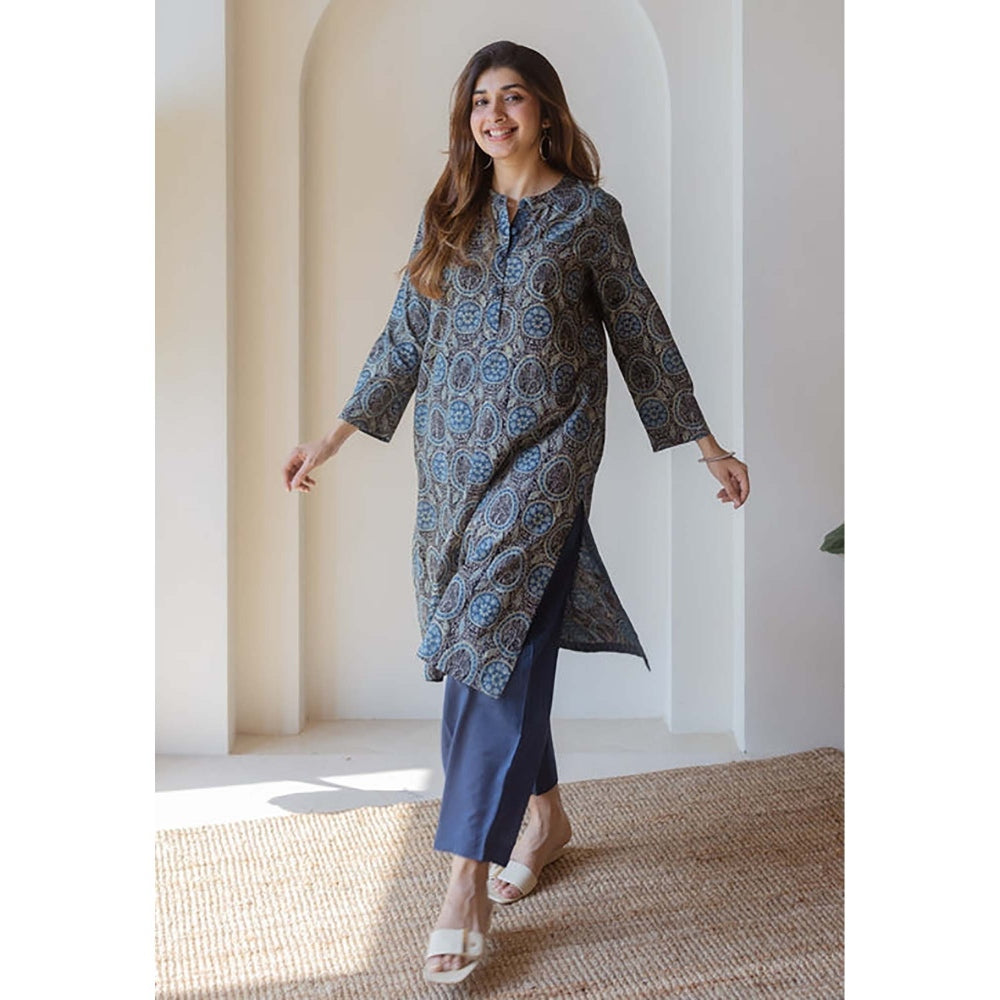 The Indian Ethnic Co. Aarna Black Ajrakh Cotton Straight Kurta