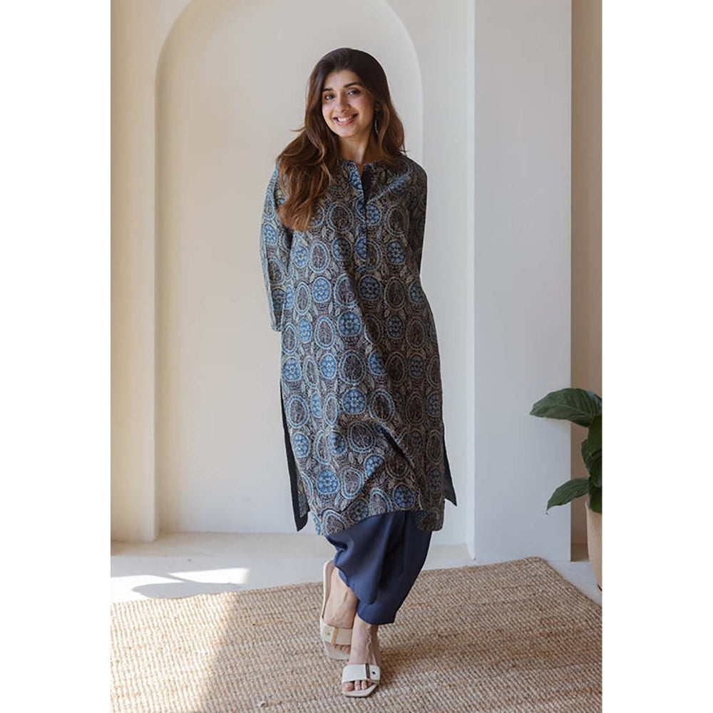 The Indian Ethnic Co. Aarna Black Ajrakh Cotton Straight Kurta