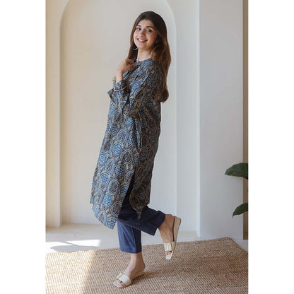 The Indian Ethnic Co. Aarna Black Ajrakh Cotton Straight Kurta