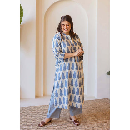 The Indian Ethnic Co. Azha Blue Ajrakh Cotton Straight Kurta