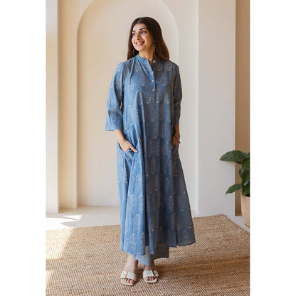 The Indian Ethnic Co. Harshita Blue Ajrakh Cotton Kali Kurta