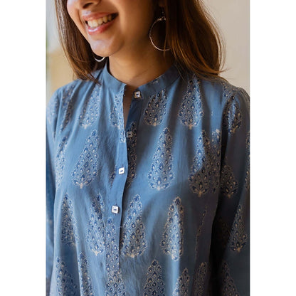 The Indian Ethnic Co. Harshita Blue Ajrakh Cotton Kali Kurta