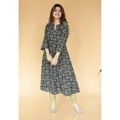 The Indian Ethnic Co. Malika Black Ajrakh Cotton Kali Kurta