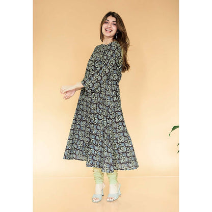 The Indian Ethnic Co. Malika Black Ajrakh Cotton Kali Kurta