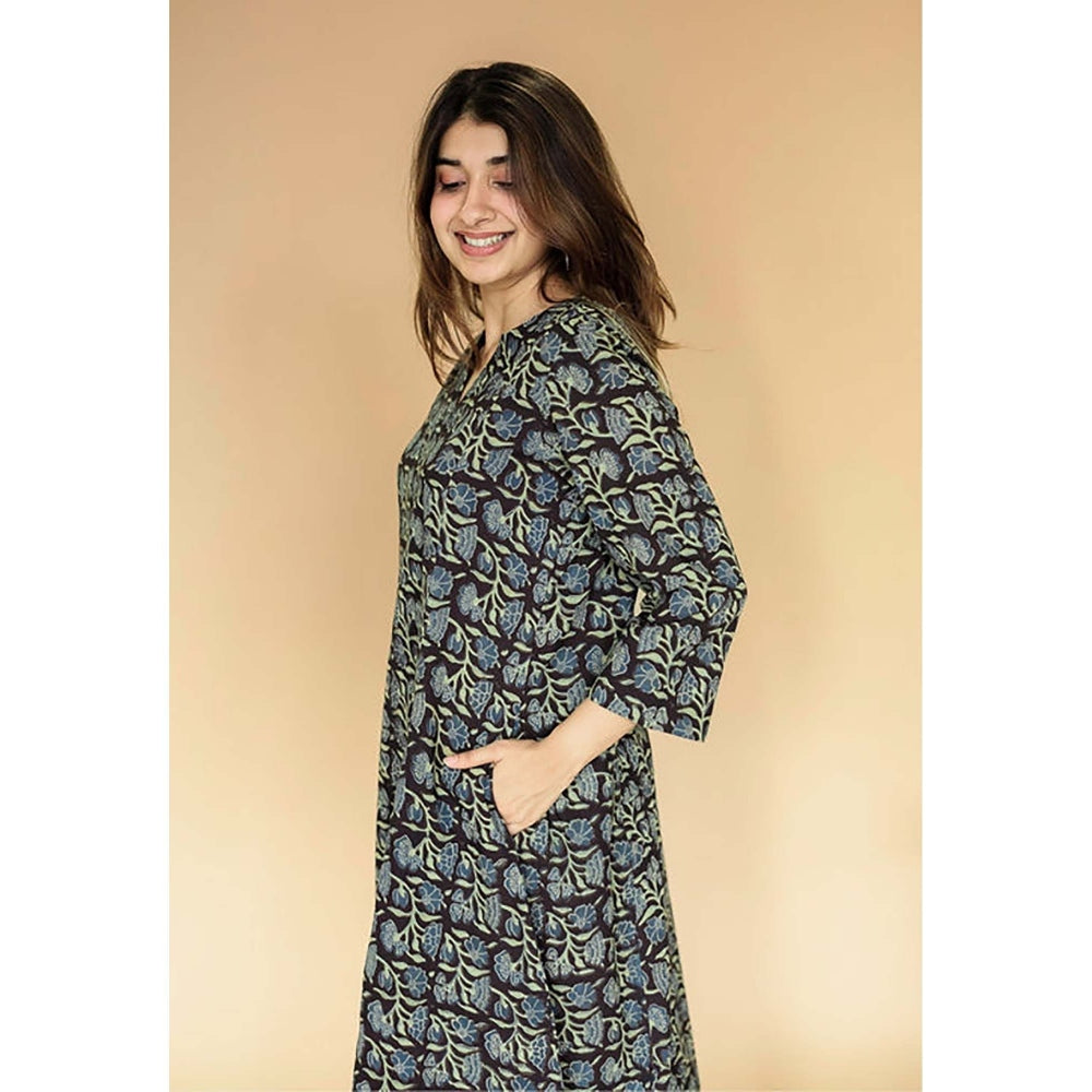 The Indian Ethnic Co. Malika Black Ajrakh Cotton Kali Kurta