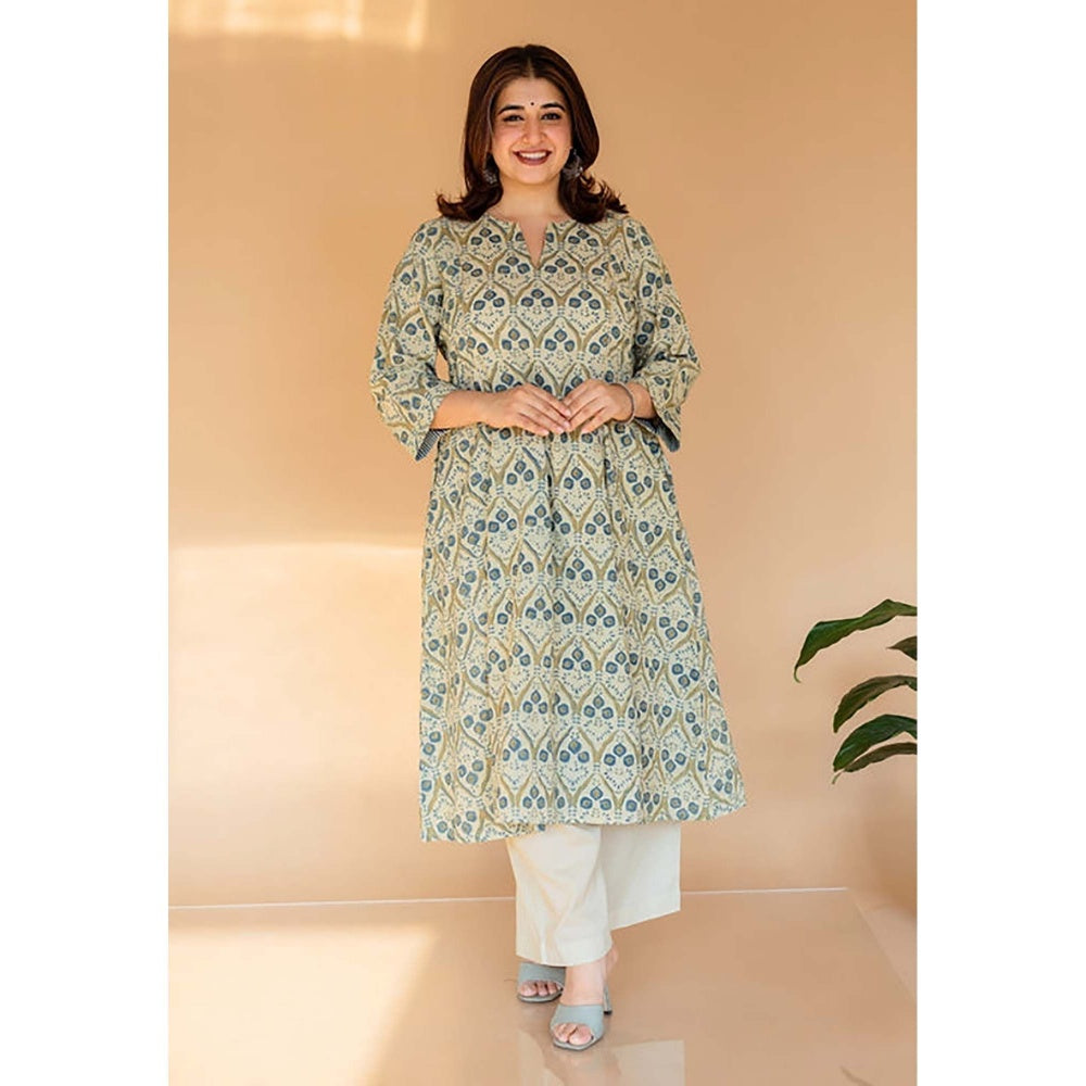 The Indian Ethnic Co. Malika Off White Ajrakh Cotton Kali Kurta with Embroidery