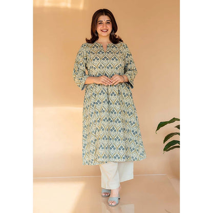 The Indian Ethnic Co. Malika Off White Ajrakh Cotton Kali Kurta with Embroidery
