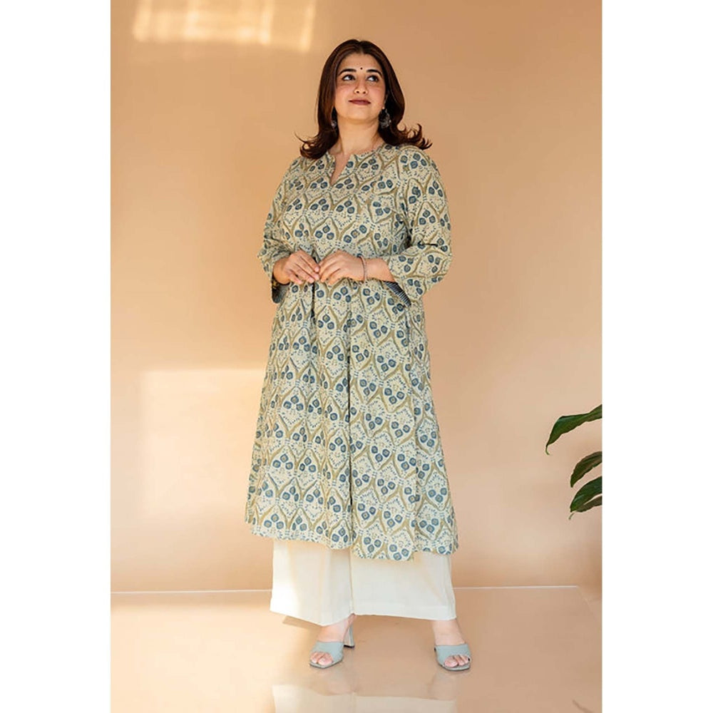 The Indian Ethnic Co. Malika Off White Ajrakh Cotton Kali Kurta with Embroidery