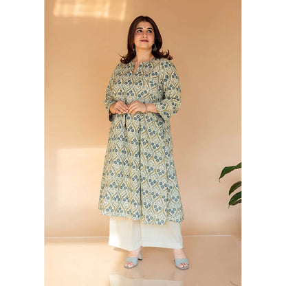 The Indian Ethnic Co. Malika Off White Ajrakh Cotton Kali Kurta with Embroidery