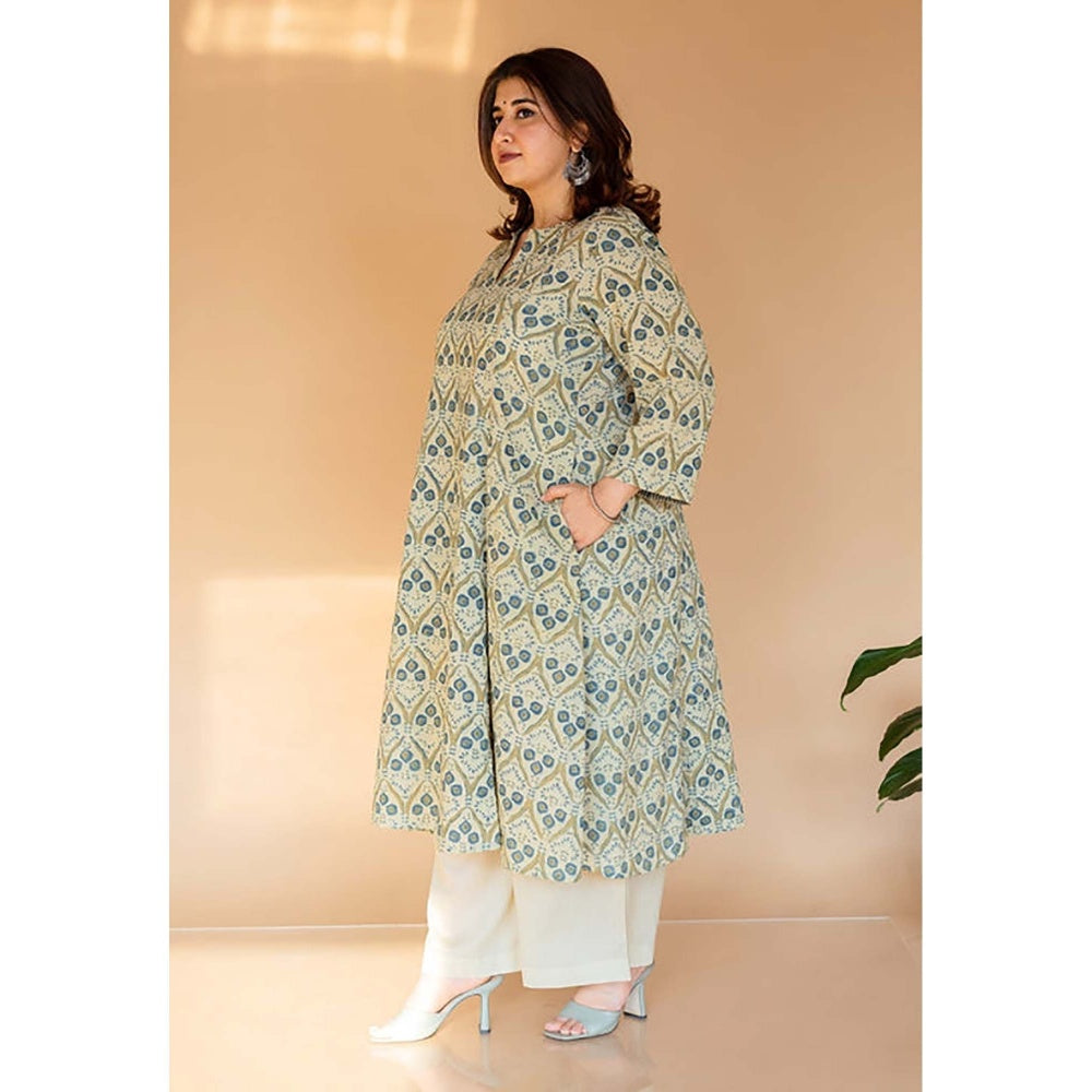 The Indian Ethnic Co. Malika Off White Ajrakh Cotton Kali Kurta with Embroidery